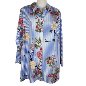 Chico's No Iron Women Shirt Size 1 US 8/10 Blue Stripe Floral Button Long Sleeve